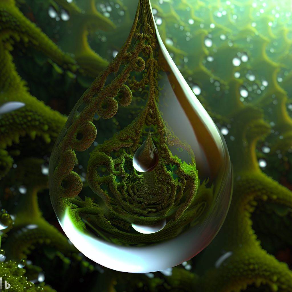 a 3d hyper-real raindrop centred in a mossy fractal rainforest contains jubilant recursion Escher-esque calm loving grace flow field light.jpg